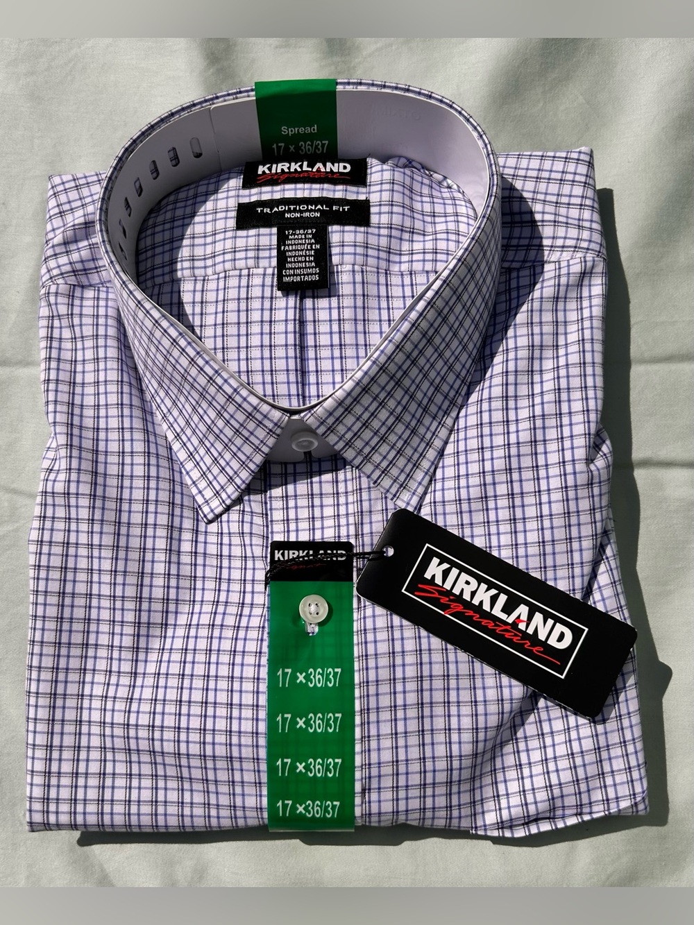 Kirkland Signature Men's Cotton White and Blue Checkered Dress Shirt  17 x 36/37